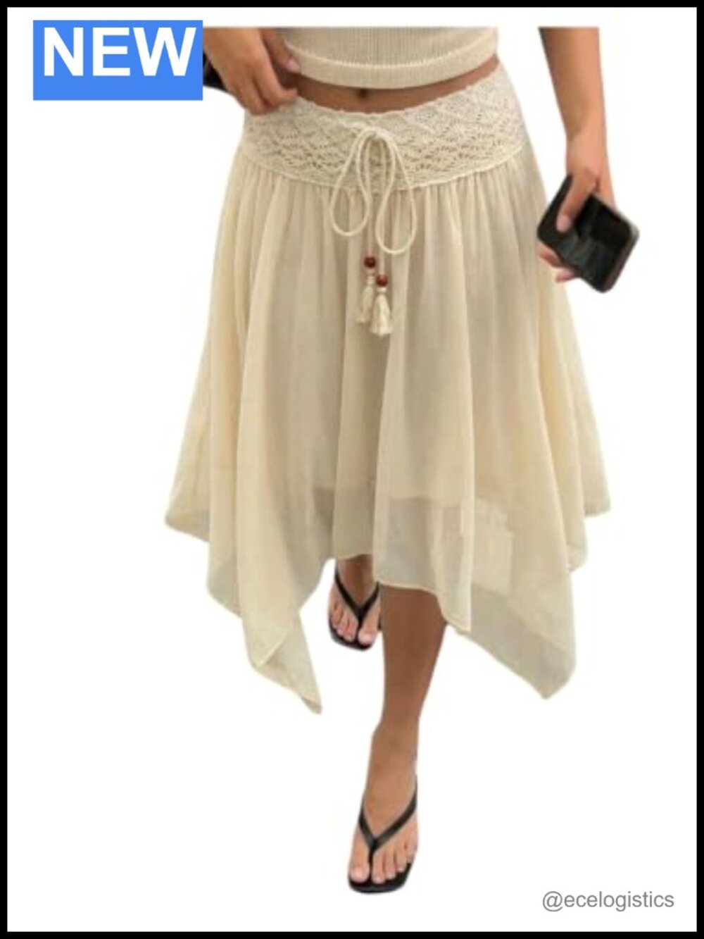 Boho Lace Midi Skirt Asymmetrical Drawstring Low Rise Summer Flowy